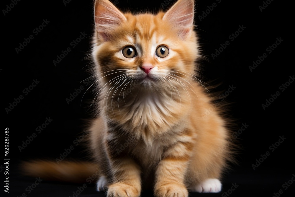 Adorable Fluffy Kitten on a Black Background with Playful Eyes. Generative AI