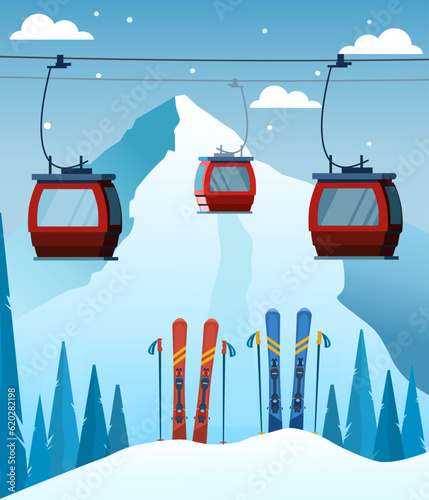 Red ski equipment at the ski resort. Snowy mountains and slopes, winter evening and morning landscape, Snowboarding, skiing, snow, sports, winter mountain landscape, snowy peaks and slopes.