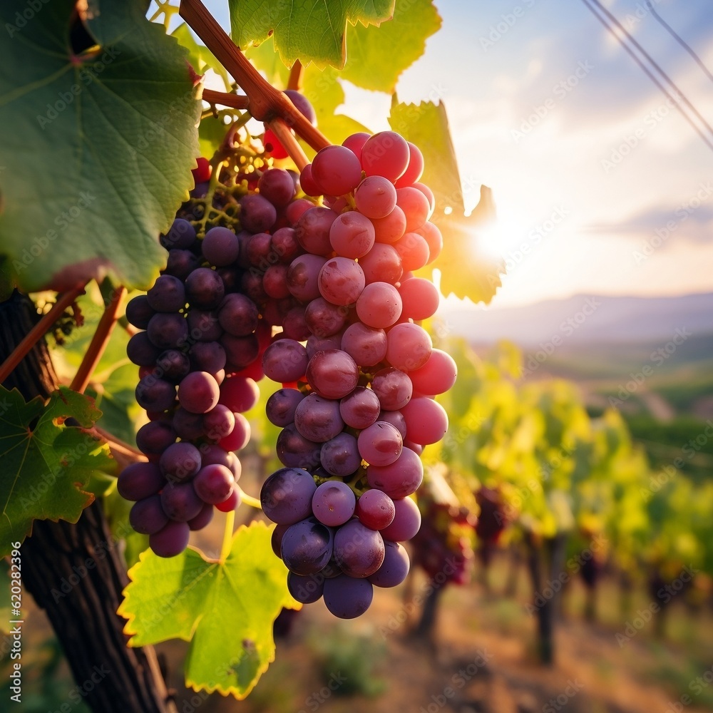 Vibrant Red Grape Field Thriving for Winemaking. Generative AI