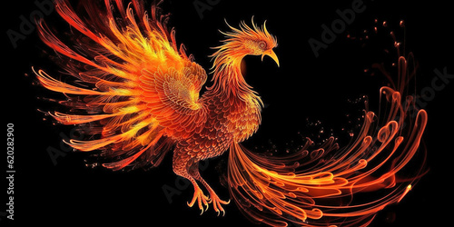 Fiery silhouette of the fabulous phoenix bird, on an isolated black background. Generative AI