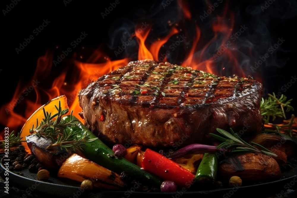 BBQ Grilled Steak with Fire Cooked Vegetables. Generative AI