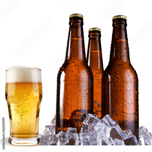 Glass of beer with beer bottles isolated on white background