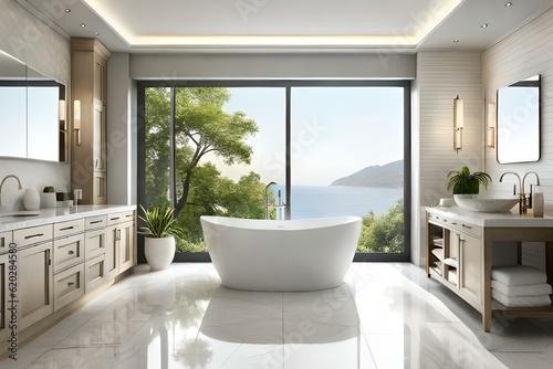 A luxurious master bathroom with a freestanding soaking tub made of polished white marble