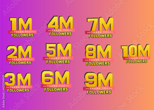 Thank you 1m to 10m followers banner, Vector illustration for Social Networks, set banner, gradient background, Thanks followers congratulation card