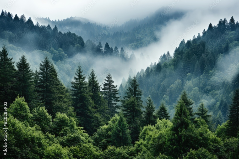 a mountain forest with high trees myst and fog grim background AI Generated a mountain forest with high trees myst and fog grim background AI Generated