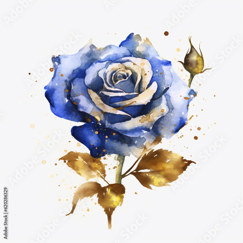 Watercolor Royal Blue and Gold Glam rose Clipart ai generated