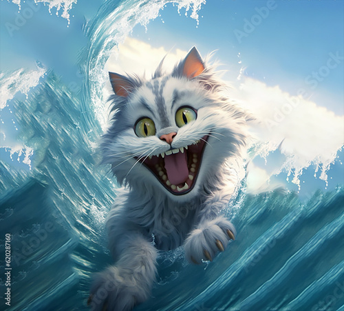 cheerful, fluffy, white cat on the sea