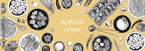 Korean Restaurant Menu. Hand-drawn illustration of dishes and products. Ink. Vector