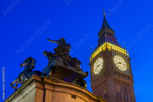 Big Ben and Boadicea Statue, dusk, Westminster, London, England photo