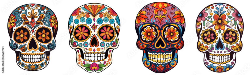 Mexican skulls set. Dia de los muertos shugar colorful heads on transparent background Mexican skulls set. Dia de los muertos shugar colorful heads on transparent background