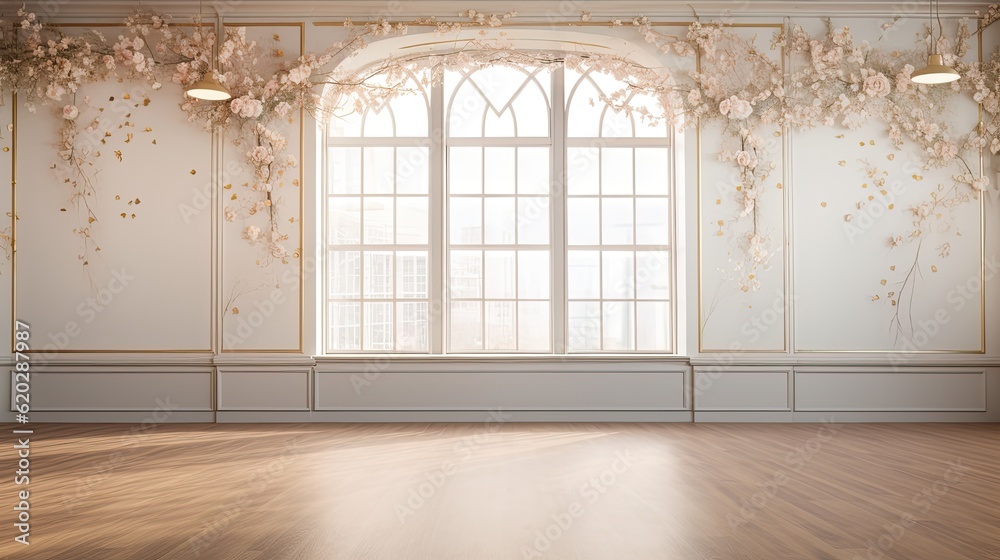 A graceful ballet studio with golden floral patterns adorning the walls, mirrors, and ballet barre, creating an ethereal and elegant backdrop. Enchanting interior design. Generative AI.  - obrazy, fototapety, plakaty 