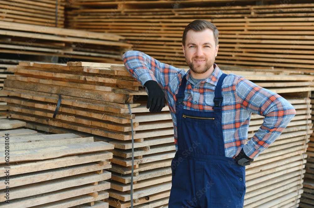 Fototapeta premium Carpenter in uniform check boards on sawmill