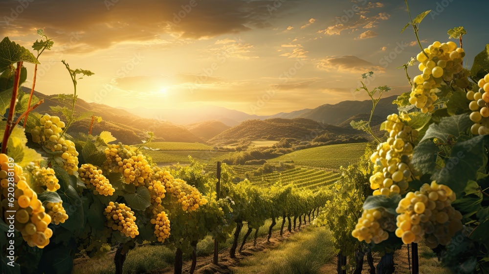 A picturesque vineyard with golden vines and lush grape clusters, evoking a sense of luxury and elegance. Wallpaper, backgrounds, social media graphics design. Generative AI. 