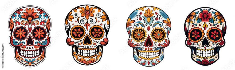 Mexican skulls set. Dia de los muertos shugar colorful heads on transparent background Mexican skulls set. Dia de los muertos shugar colorful heads on transparent background