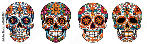 Mexican skulls set. Dia de los muertos shugar colorful heads on transparent background