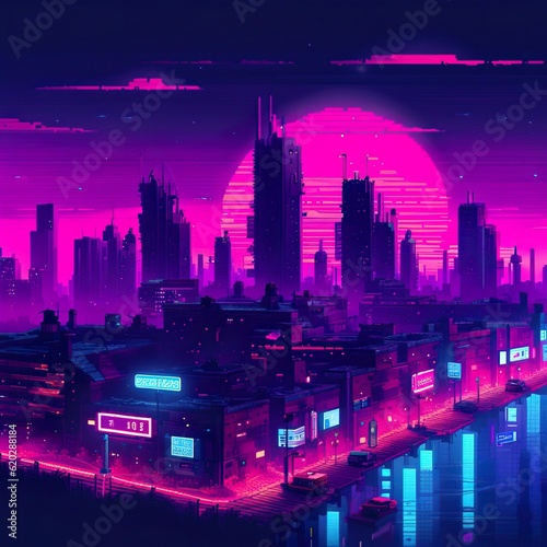 Cyberpunk neon city night. Futuristic city scene in a style of pixel art. 80 s wallpaper. Retro future illustration. Urban scene.