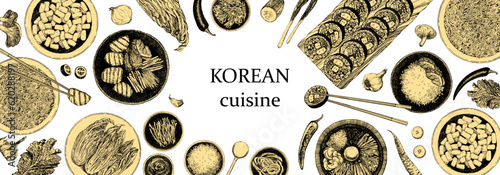 Korean Restaurant Menu. Hand-drawn illustration of dishes and products. Ink. Vector