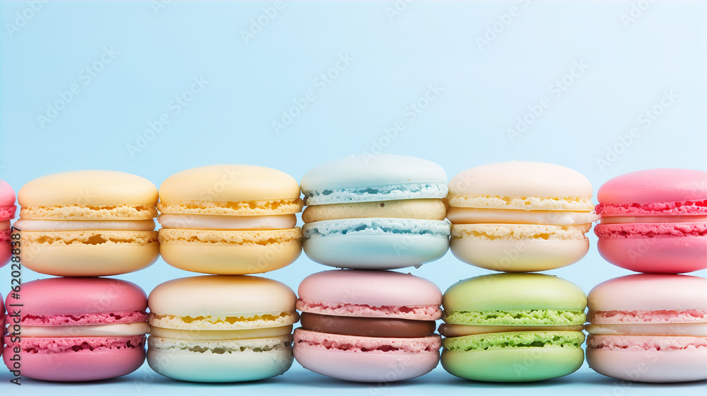 Obraz premium french macaroons on pastel blue background. web banner template background