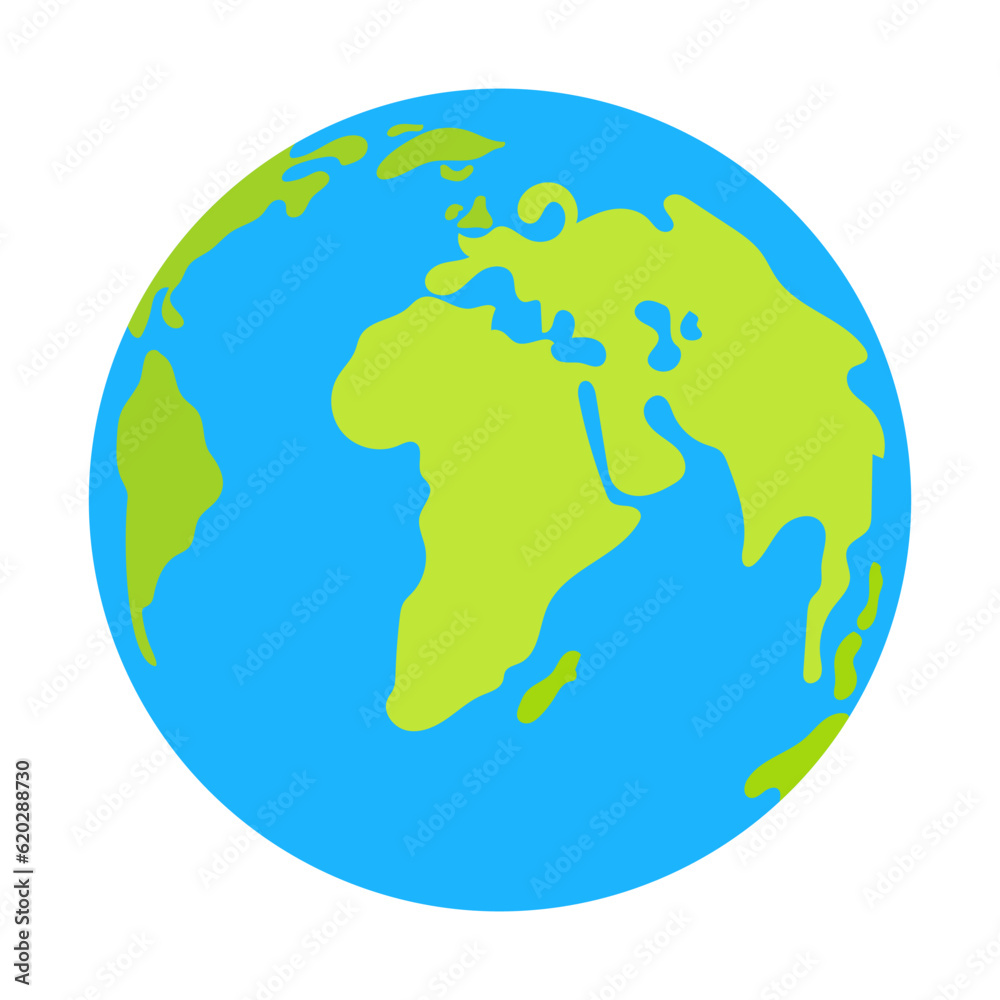 The globe is blue with green continents. Earth, a planet in a simple flat style isolated on a white background. 