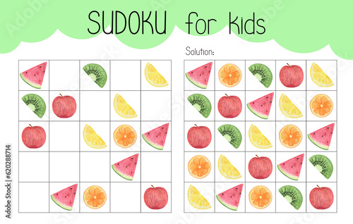 Sudoku educational game leisure activity worksheet watercolor illustration, printable grid to fill in missing images, fruit slice, food ingredient topical vocabulary, puzzle solution, teacher resource