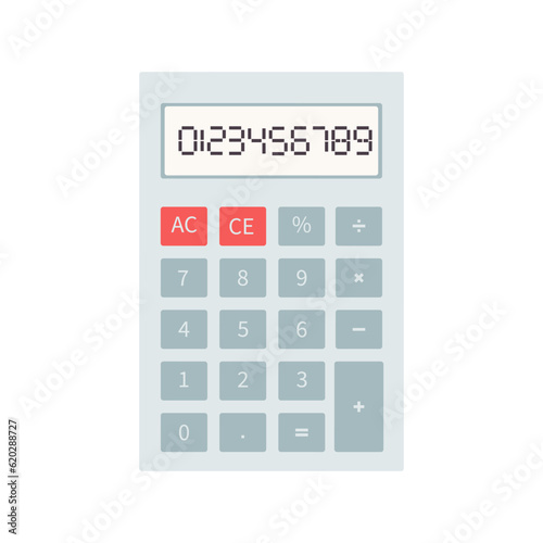 School affiliation, back to school, counting on the calculator. The flat style calculator is isolated on a white background.