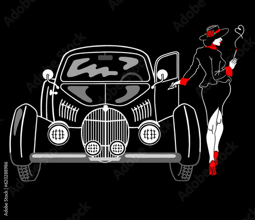 A beautiful woman in vintage clothes opens the door of a retro car. Drawing on a black background.