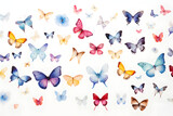 Colorful butterflies scattered across a white background