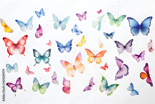 Assorted butterflies in various colors flutter across a white backdrop