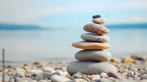 Balanced pebble pyramid silhouette on the beach with the ocean in the background. Zen stones on the sea beach  meditation  spa  harmony  calmness  balance concept