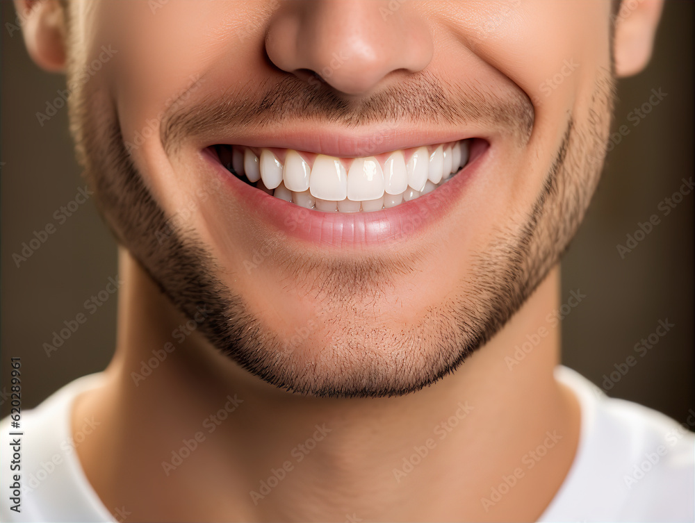 Young man with beautiful smile on grey background. Teeth whitening