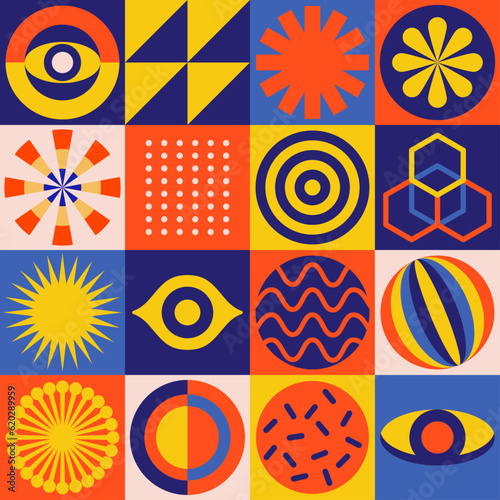 Abstract shapes flat swiss bauhaus design arrangement of various geometric element poster bauhaus inspired mosaic pattern