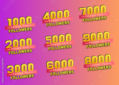 Thank you 1000 to 9000 followers banner, Thanks followers congratulation card, gradient background, Vector illustration for Social Networks, set banner