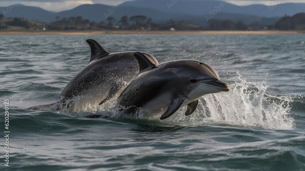 Fototapeta premium Dolphins in the open see. Generative AI