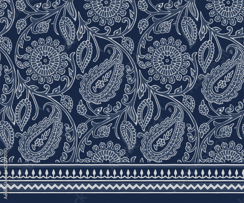 PAISLEY AND MARIGOLD FLORAL PATTERN AJRAKH BAGRU SANGANER BLOCK PRINT AND BATIK PRINT DIGITAL PRINT SEAMLESS TEXTILE PATTERN WITH BORDER IN EDITABLE FILE
