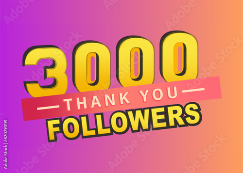 Thank you 3000 followers banner, Thanks followers congratulation card, gradient background, blogger celebrates and tweets a large number of subscribers, Vector illustration.