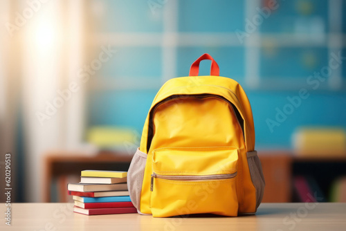 Back to School vibes: schoolbag filled with stationary items against a backdrop of school supplies photo