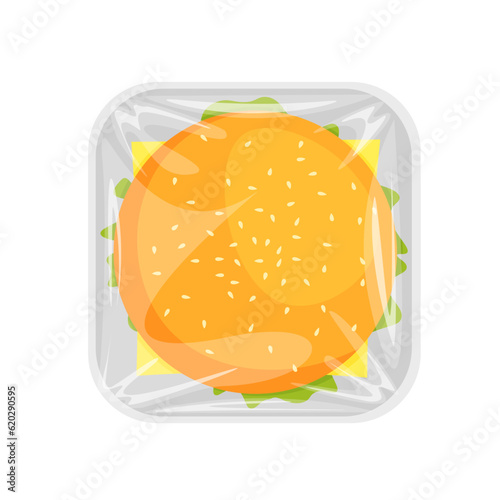 Hamburger in a plastic container or tray with cellophane cover. Burger top view. Fast food or junkfood meal. Vector illustration.