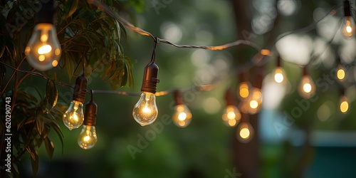 Party outdoor string lights hanging on a line in backyard, ai generative