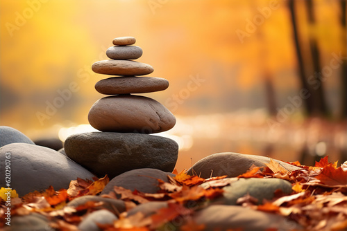 Pile of zen stones in the autumn forest.