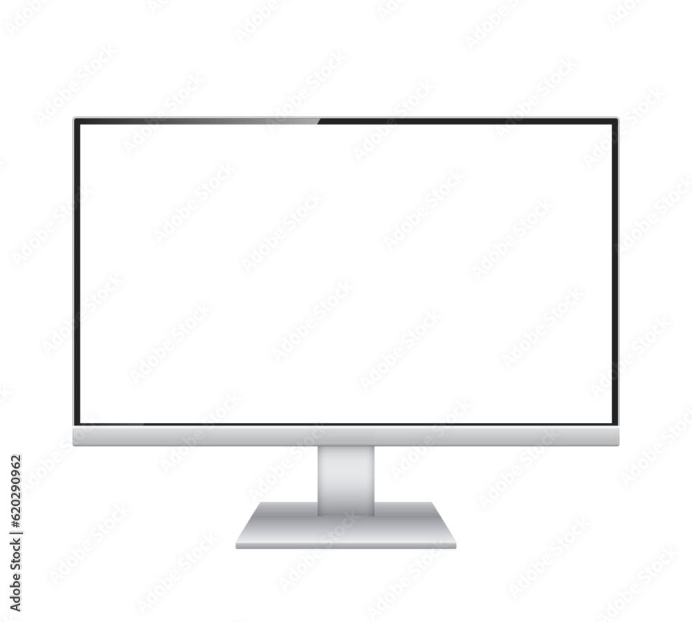 Computer monitor vector mockup. Pc template with blank screen. Silver desktop isolated on white background. Computer monitor vector mockup. Pc template with blank screen. Silver desktop isolated on white background.