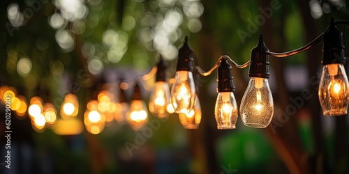 Party outdoor string lights hanging on a line in backyard, ai generative