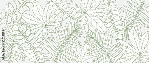 Green tropical background with branches and leaves. Botanical background for decor, wallpapers, covers, cards and presentations