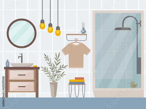Modern bathroom interior with shower cabin, mirror and sink, accessories: shampoo, shower gel, soap, potted plant, shelf, stool with towels. Bathroom lighting. Vector illustration in flat style.
