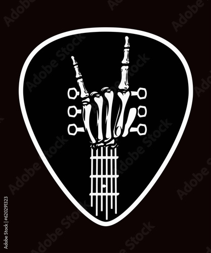 Guitar plectrum with skeleton arm as giutar fretboard and fingers showing the rock sign symbol