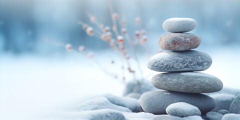stack of pebbles or stones on winter outdoor background. Winter yoga