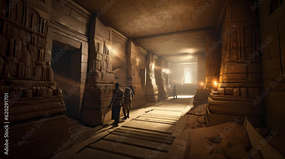 Explore the captivating world of ancient Egypt with this illustration of Egyptian tombs. Immerse yourself in the enigmatic atmosphere as you gaze upon the intricate hieroglyphs and mesmerizing archite - obrazy, fototapety, plakaty 