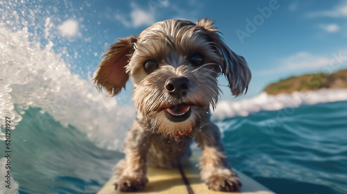 Dog surfing on a surfboard