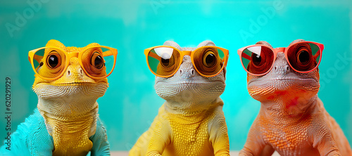 Stylish portrait of three chameleons wearing sunglasses. Pastel gradient background. Generative AI.
