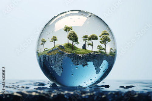 Blue Earth-like sphere representing miniature trees encapsulated inside a glass ball and shimmering water droplets on it. © Arma Design