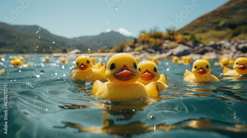 Yellow rubber duck toy in the sea